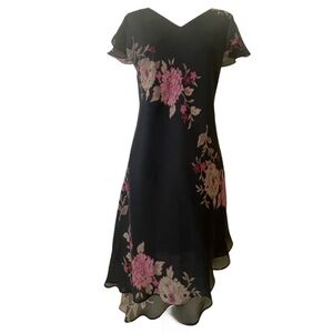 Black pink floral midi dress short sleeves, V-neckl asymmetrical hem 10 Petite